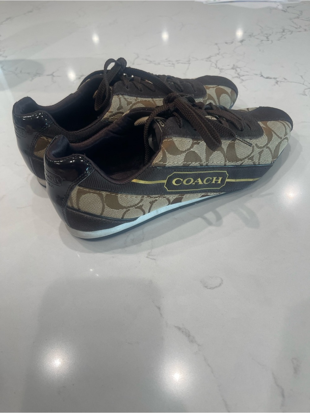 Coach Brown Signature Logo Kids Sneakers with Yellow Accent